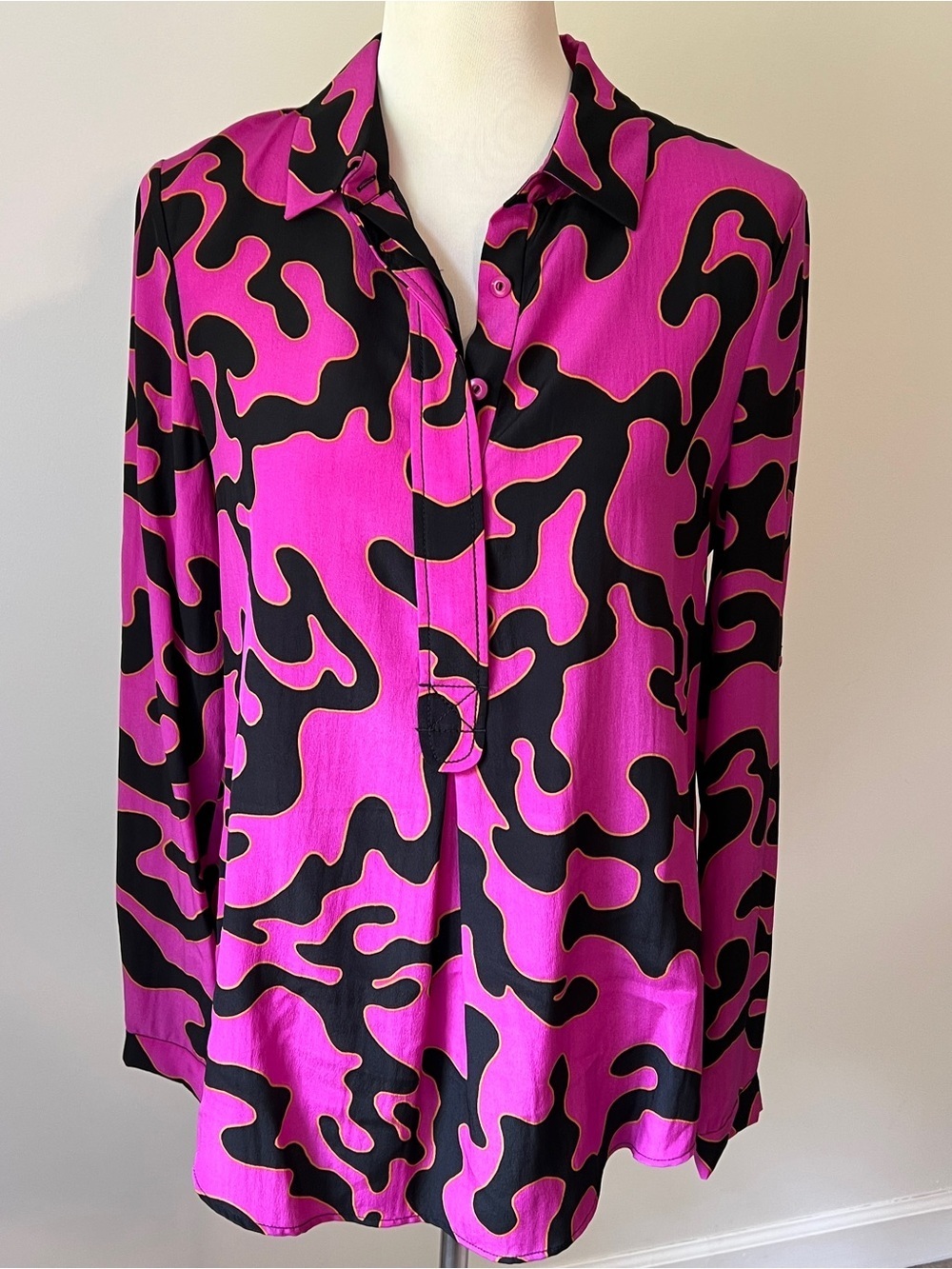 Diane von Furstenberg DVF 100% Silk Pink Black Abstract Print Blouse S/M 6 8